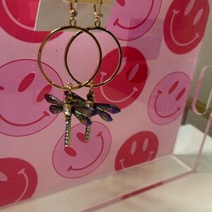 BETSEY JOHNSON Dangle Hoop Dragonfly Earrings with Aurora Borealis Crystals NWT